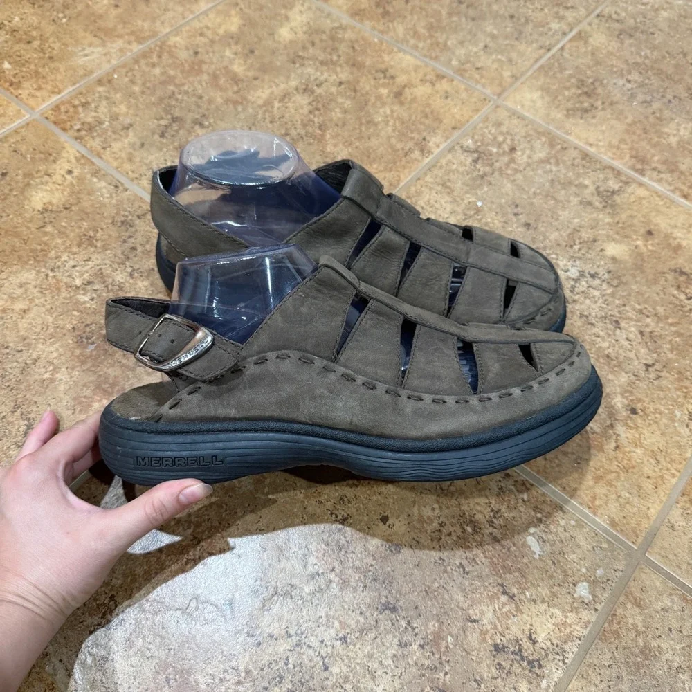 Merrell Topo Slice Mocha Mens 11 Fisherman Sandals Olive Green Leather Buckle